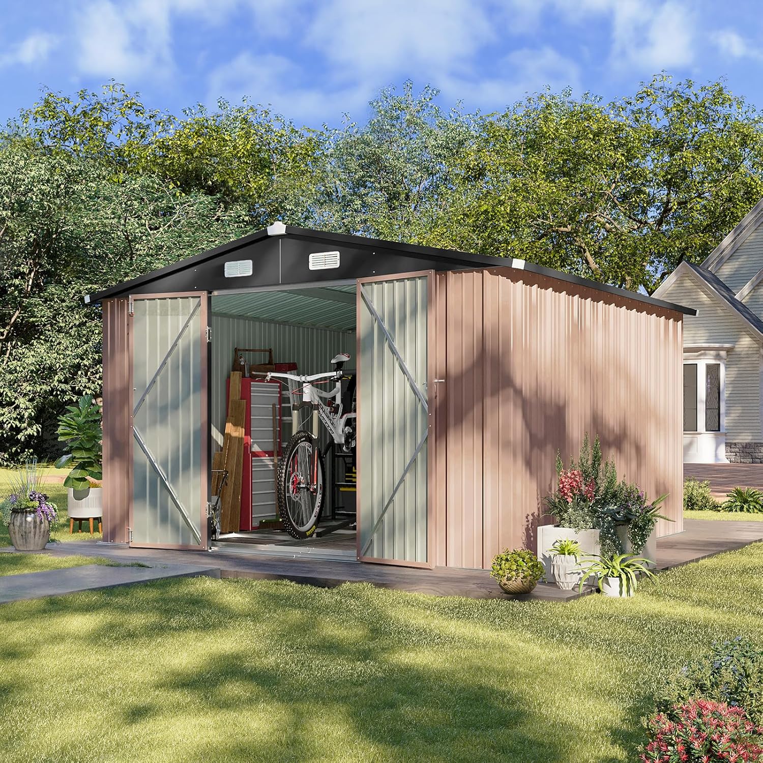 Aoxun 12x10 FT Shed Metal Outdoor Waterproof Storage Shed Steel Utility Garden Tool Shed