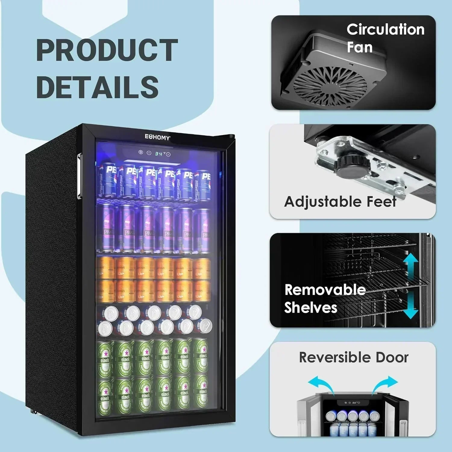 EUHOMY Beverage Refrigerator Cooler 130 Can Mini Fridge with Glass Door Beverage Cooler