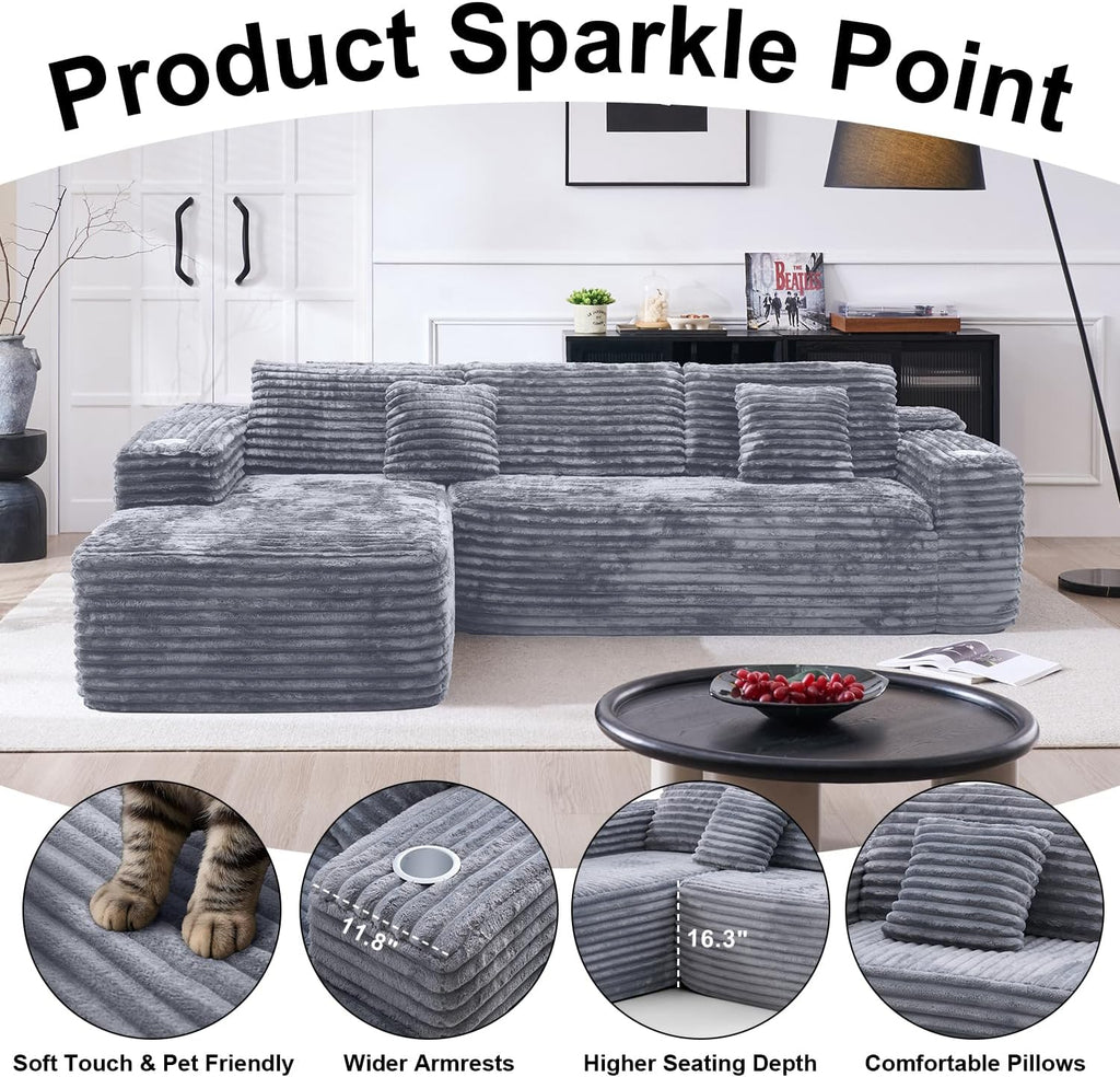 Cloud Sectional Couch with L-Shape Chaise, Modern Modular Sofa with Deep Seat, Built-in Cup Holder & Storage Pocket for Living Room Bedroom, No Assembly Required (Dark Gray, Left Sitting Chaise)