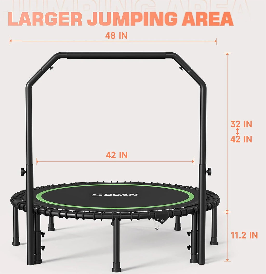 BCAN 450/550 LBS Foldable Mini Trampoline, 40/48 Fitness Trampoline with Bungees, U Shape Adjustable Foam Handle, Stable & Quiet Exercise Rebounder for Adults Indoor/Outdoor Workout