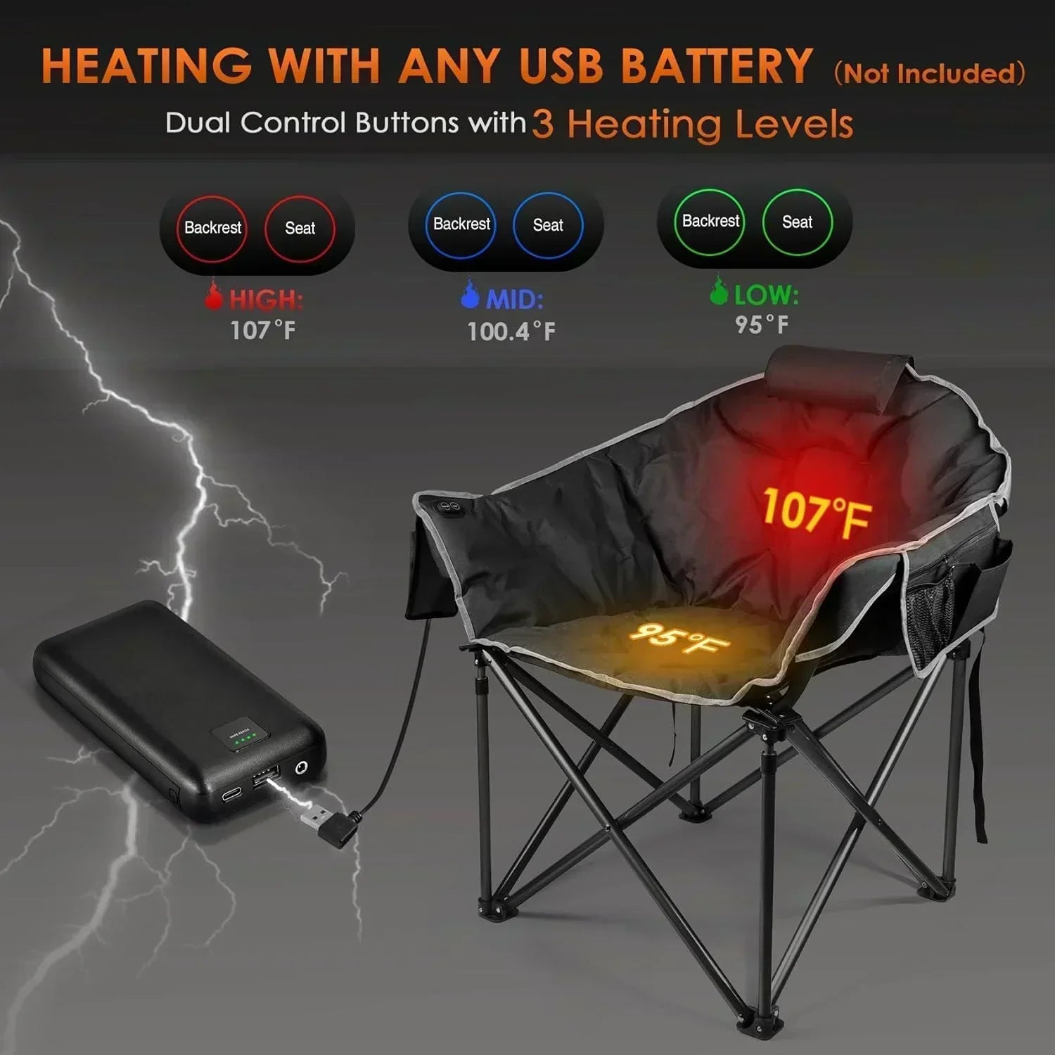Heated Camping Chair Extra Large Heated Chair Outdoor Sports Chair with 3 Heat Levels on Back