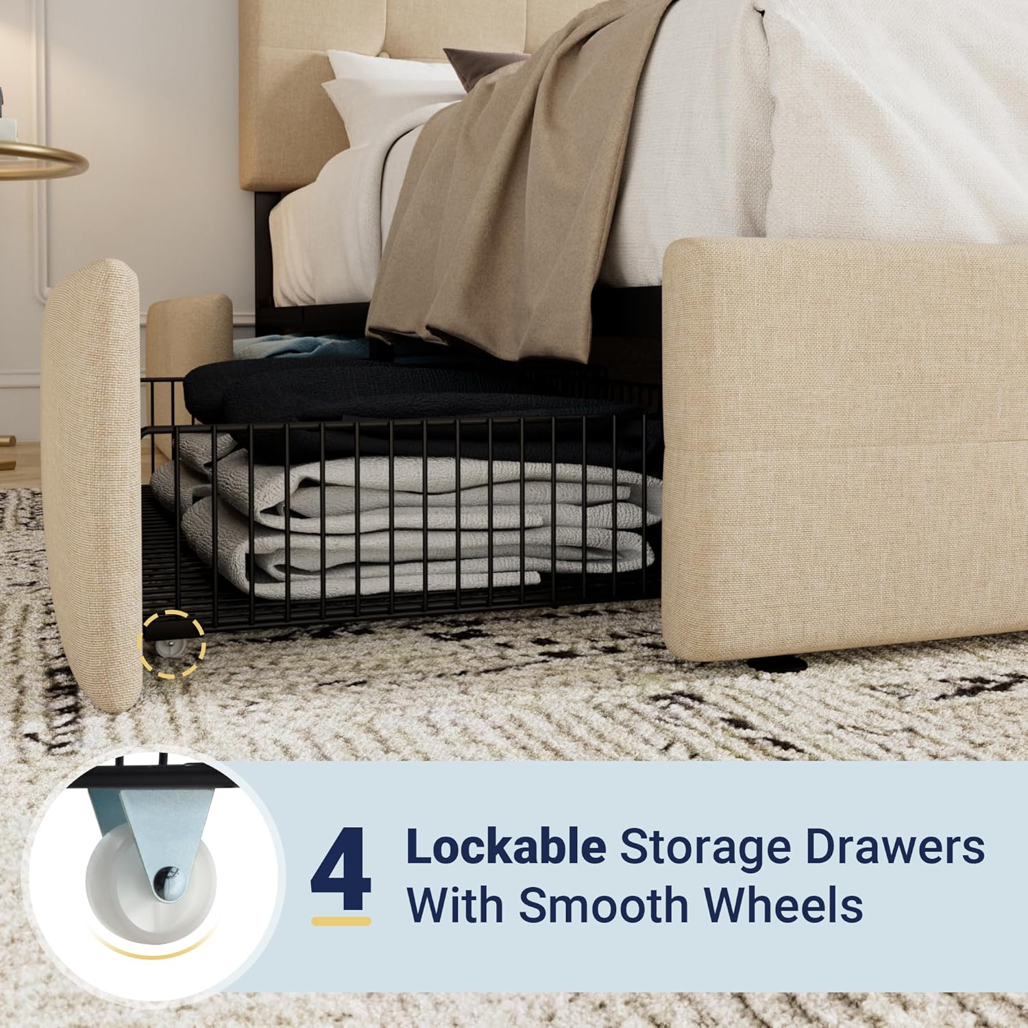 Allewie Upholstered Queen Size Platform Bed Frame with 4 Storage Drawers and Headboard