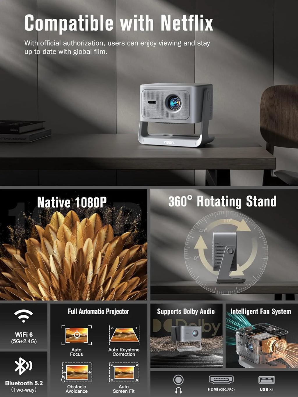 Smart 4K Projector with WiFi and Bluetooth, VISSPL 3D Dolby Audio and Auto Focus