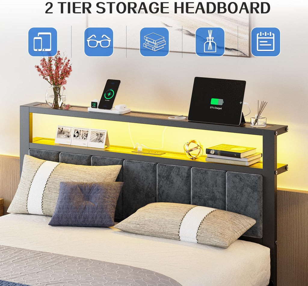 Queen Size Bed Frame with 2-Tier Storage Shelves Headboard Platform Bed Charging Station