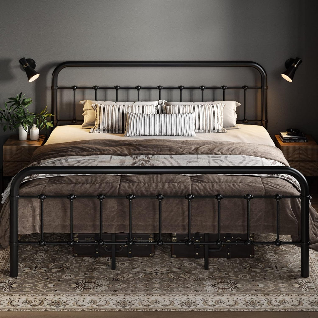 Allewie Queen Size Metal Platform Bed Frame with Victorian Style Wrought Iron-Art Headboard