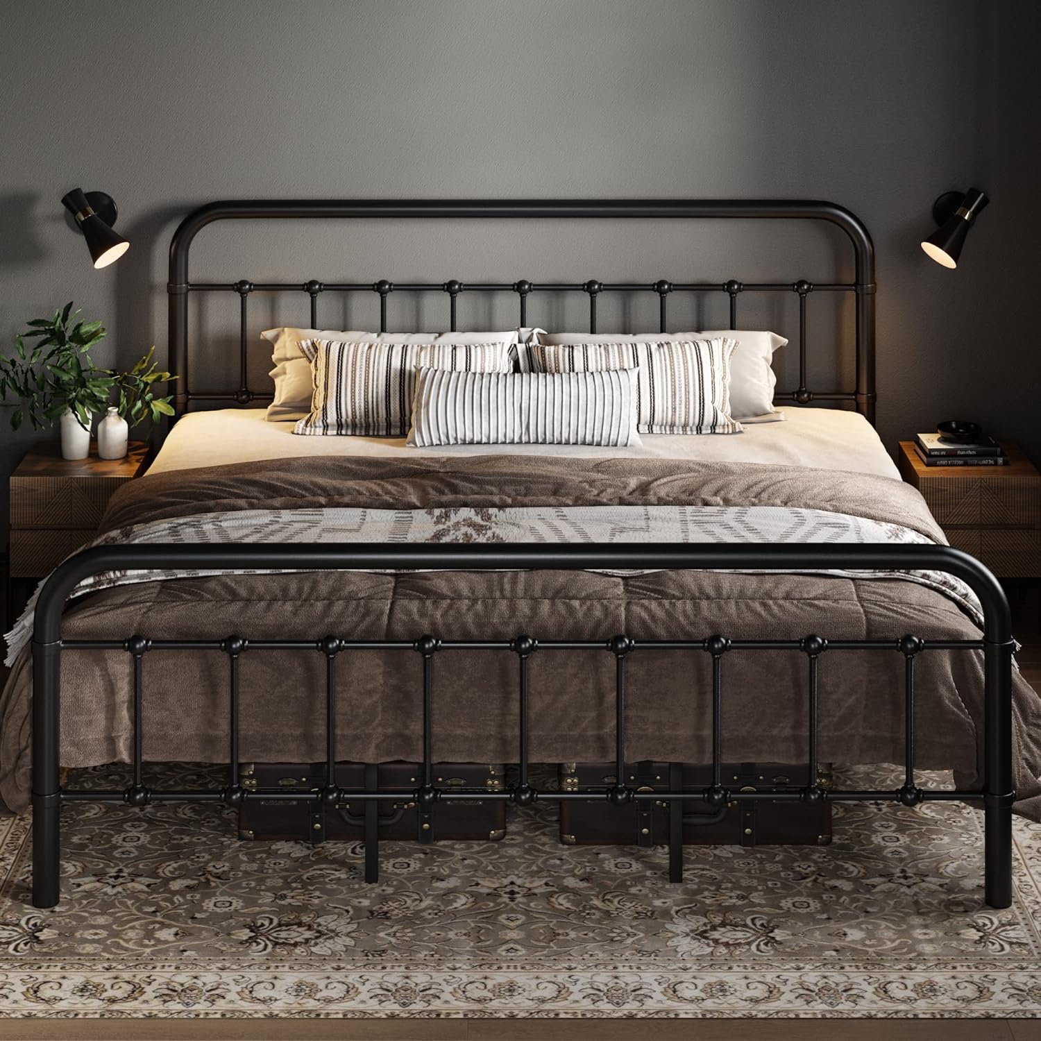 Allewie Queen Size Metal Platform Bed Frame with Victorian Style Wrought Iron-Art Headboard