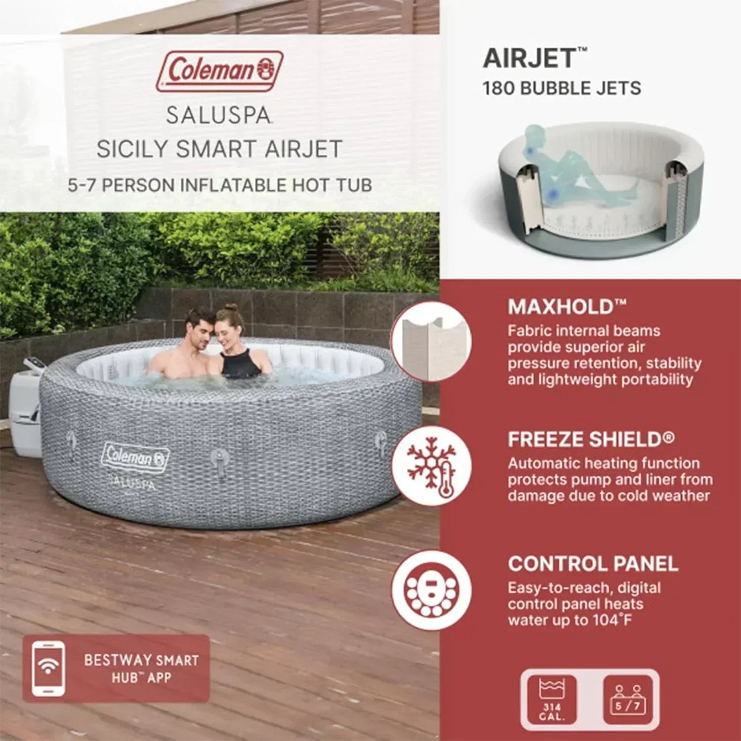 SaluSpa Sicily AirJet 7 Person Inflatable Hot Tub Round Portable Outdoor Spa 180 Soothing AirJets