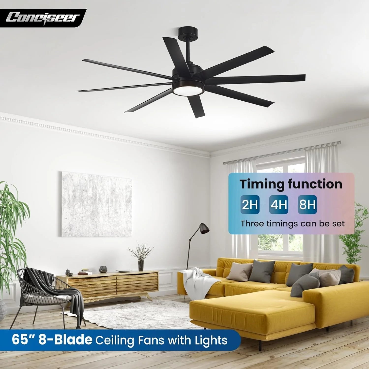 Modern Ceiling Fans with Lights, 72 Inch Ceiling Fan with Light and Remote, Bedroom Living Room Library Cafe Outdoor/Industrial,24W 3CCT Dimmable, 8 Blades 6 Speed Reversible Quiet DC Motor, Black