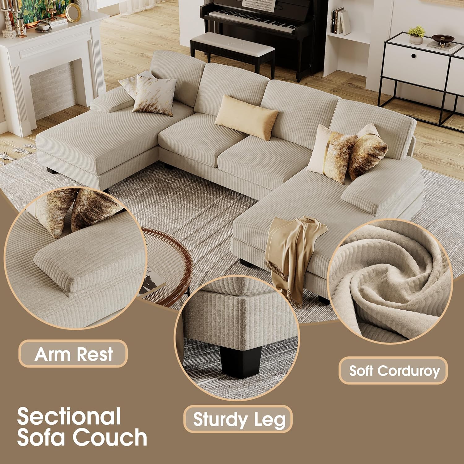 Furmax Sectional Couches for Living Room U-Shaped Sofa Couch Linen Fabric 4 Seat Sofa Set