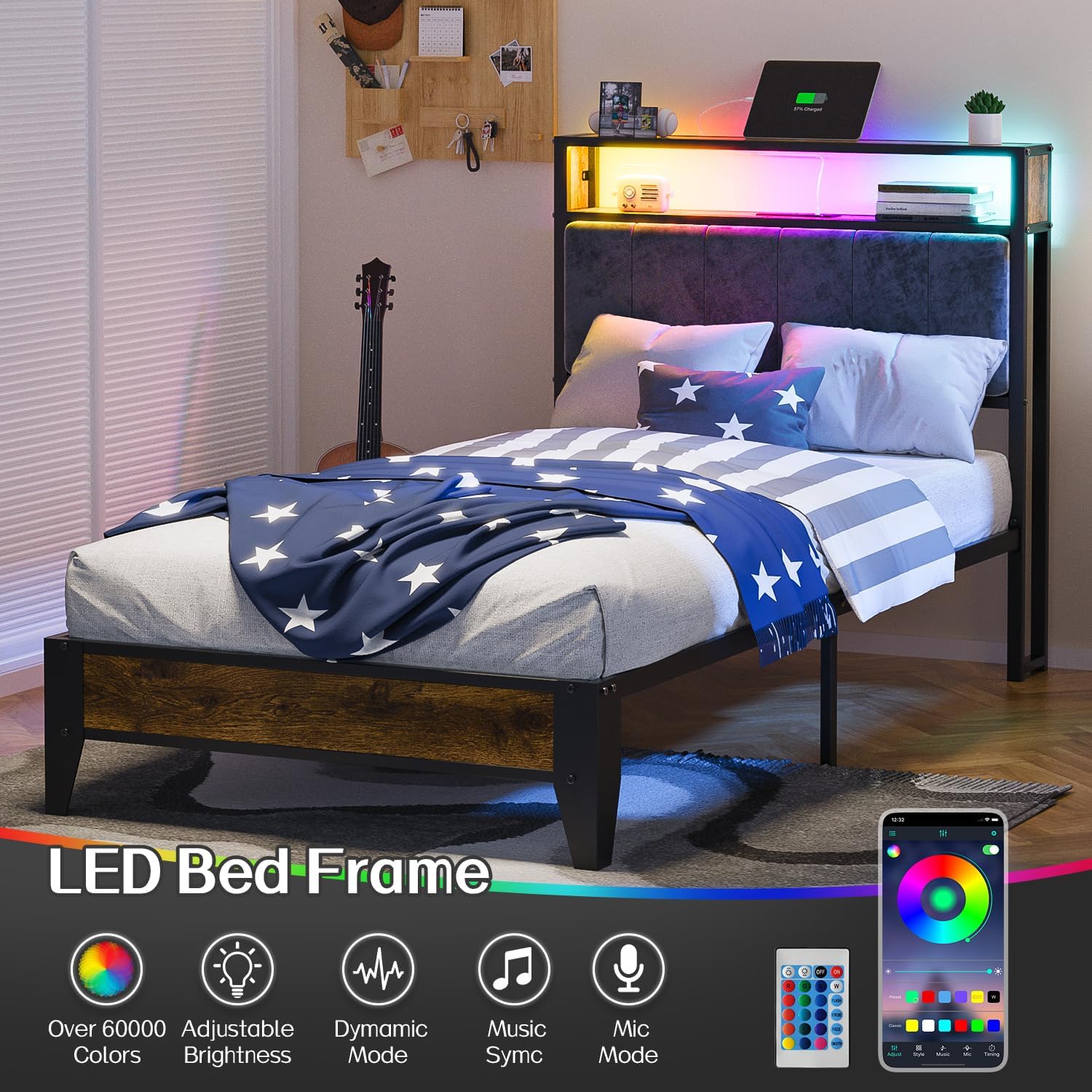 OLEVS Single Bed Frame LED Light Storage Headboard Type C Charging Station Metal Platform Bed