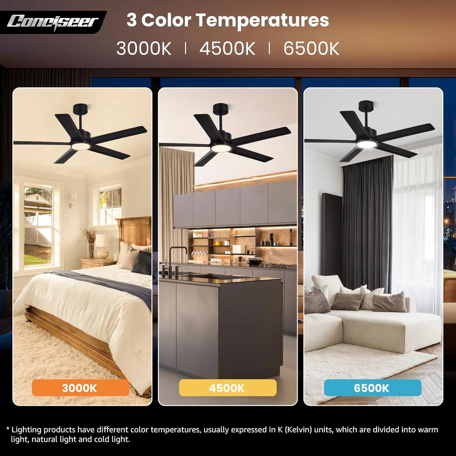 Modern Ceiling Fans with Lights, 72 Inch Ceiling Fan with Light and Remote, Bedroom Living Room Library Cafe Outdoor/Industrial,24W 3CCT Dimmable, 8 Blades 6 Speed Reversible Quiet DC Motor, Black