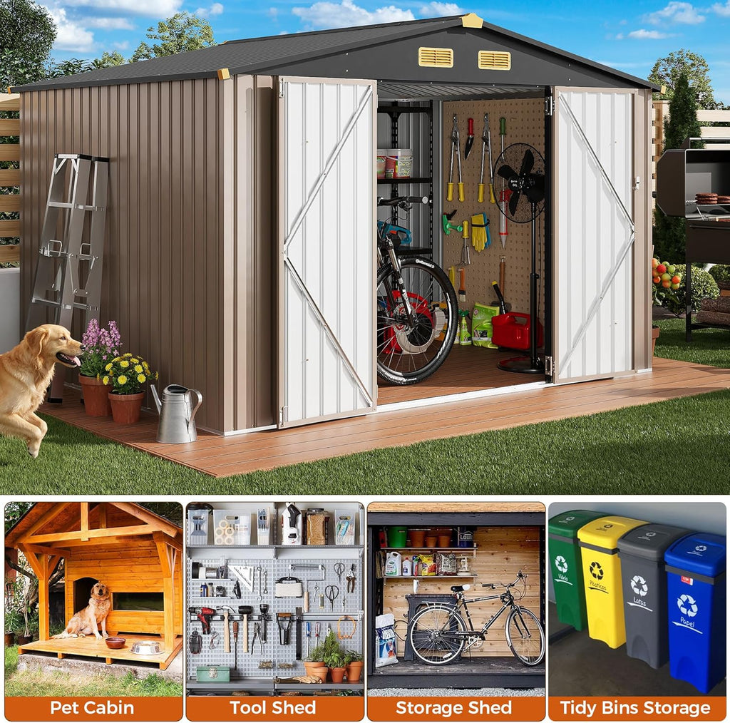 IRONCK 10x8FT Outdoor Storage Shed with Breathable Vent, Galvanized Steel Metal Tool Shed