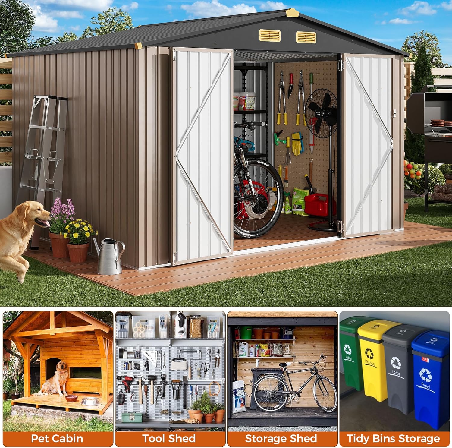 IRONCK 10x8FT Outdoor Storage Shed with Breathable Vent, Galvanized Steel Metal Tool Shed