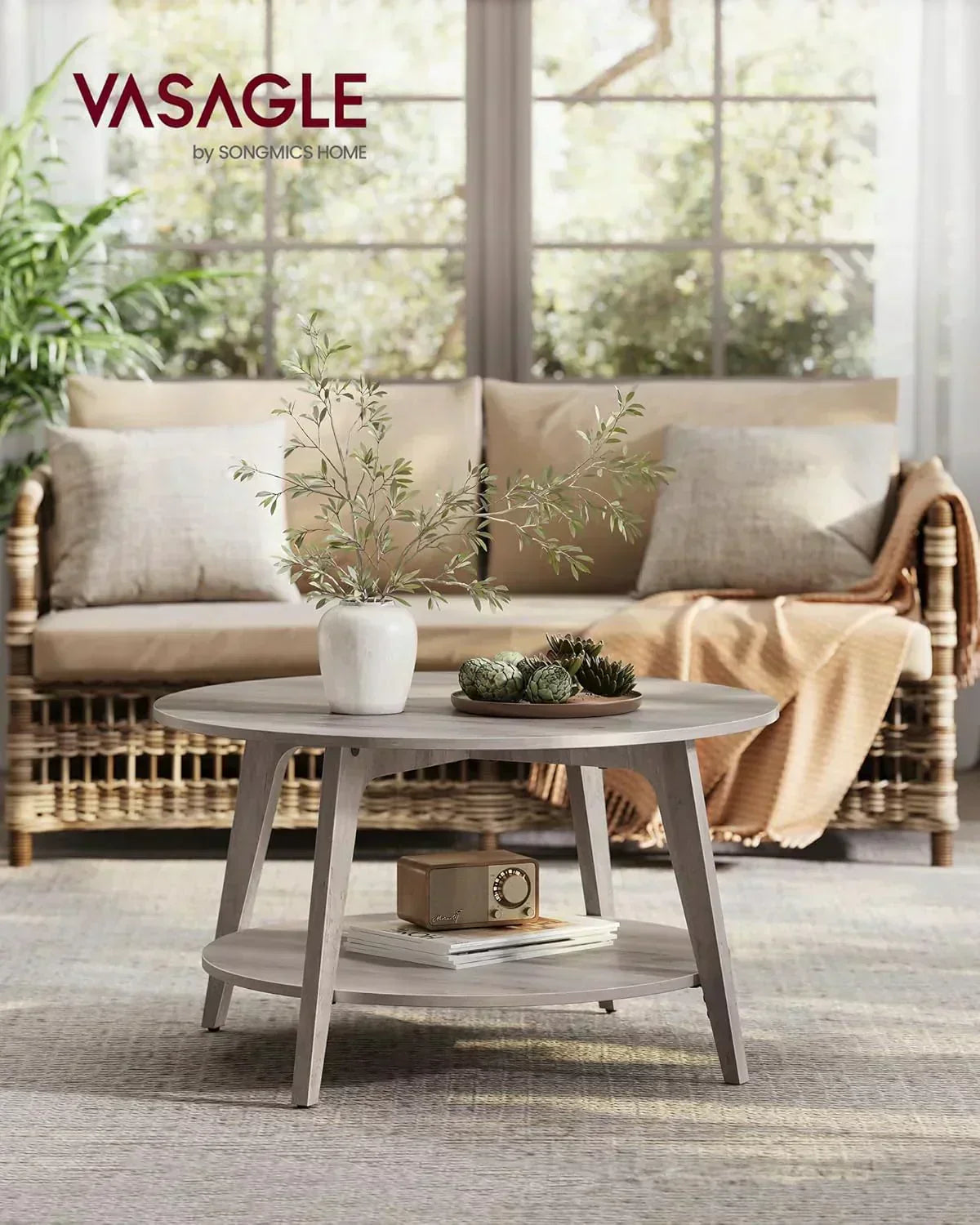 VASAGLE Round Coffee Table 2 Tier Coffee Table with Storage for Living Room 31.5 x 17.7 Inches