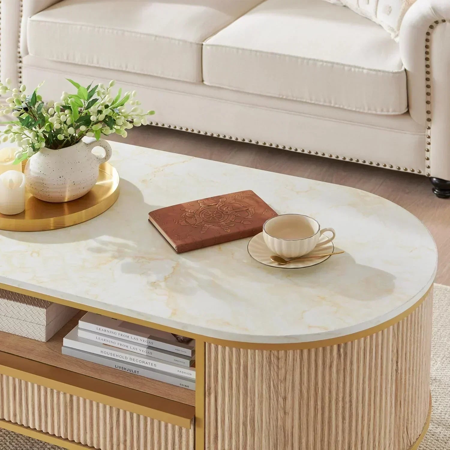 OKD Modern Luxury Grooved Coffee Table 48 Inch Oval Coffee Table Drawers Imitation Marble Top