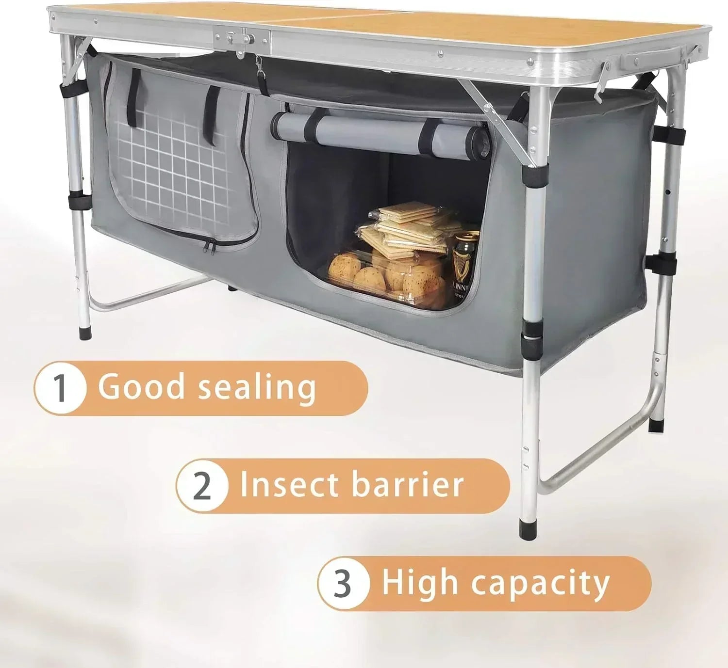 Outdoor Folding Table Aluminum Lightweight Height Adjustable with Storage Organizer