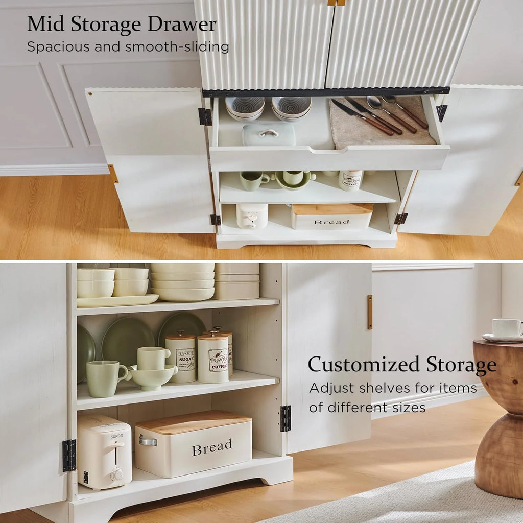 Fluted Pantry Cabinet, 72 Tall Modern Storage Cabinet with 4 Doors, Organizer, Drawer and Adjustable Shelves, Wood Cupboard