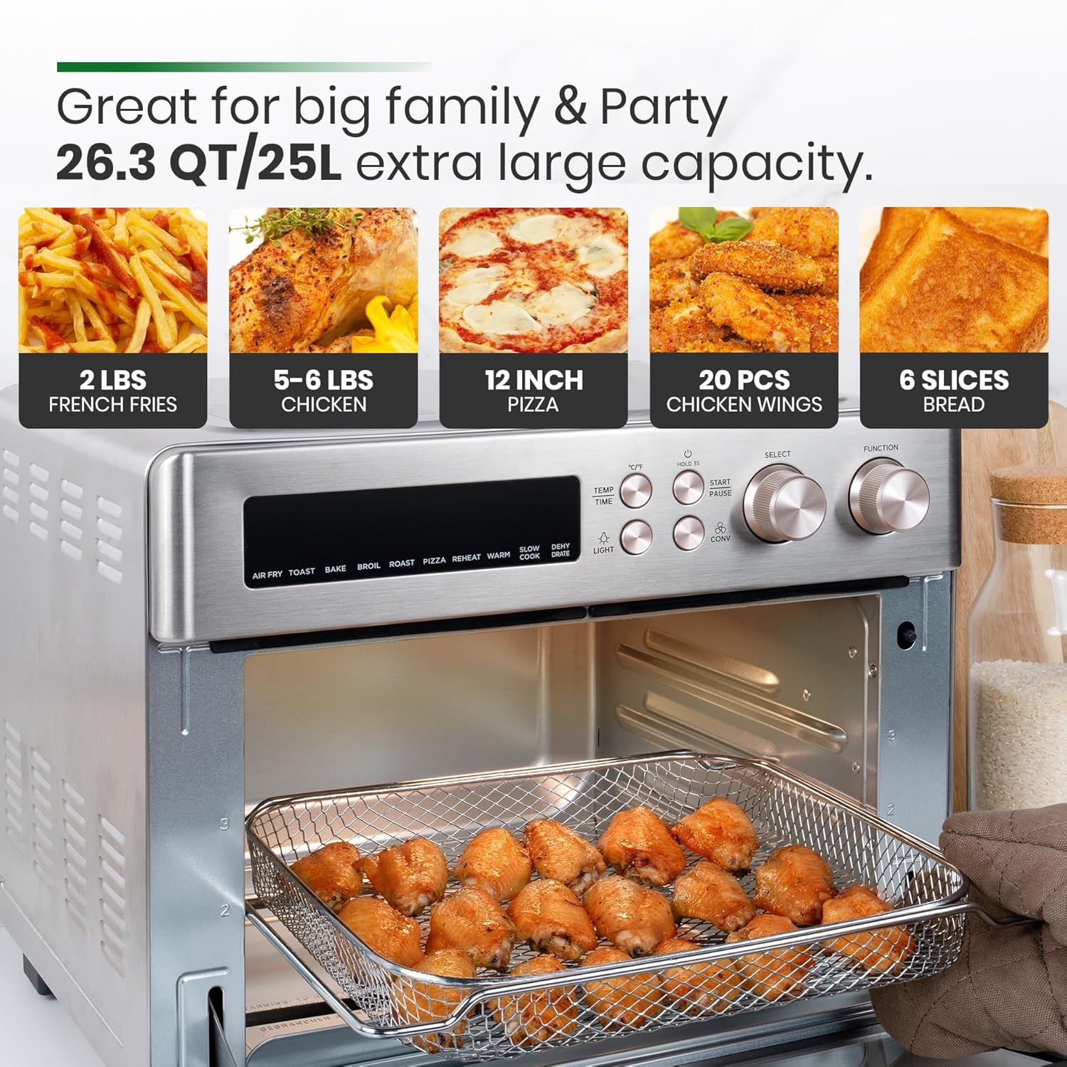 Infrared Heating Air Fryer Toaster Oven, Extra Large Countertop Convection Oven 10-in-1 Combo, 6-Slice Toast, Enamel Baking Pan Easy Clean with Recipe Book, Black Matte Stainless Steel