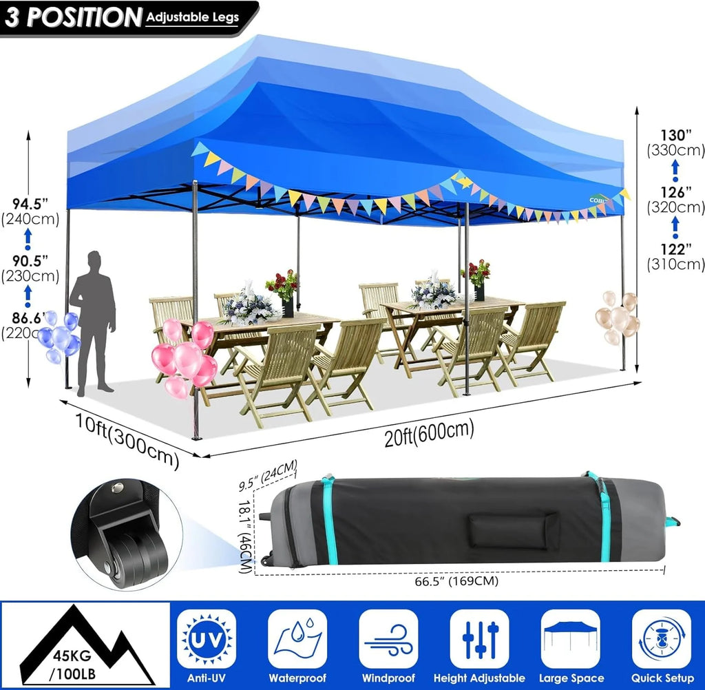 COBIZI 10x20 Heavy Duty Pop up Canopy Tent with 6 sidewalls Easy Up Commercial Outdoor Canopy Wedding Party Tents for Parties All Season Wind & Waterproof Gazebo with Roller Bag,Black(Frame Thickened)