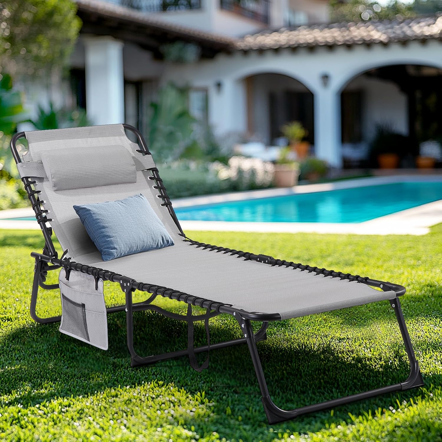 Unovivy Outdoor Chaise Lounge Chairs Portable Folding Pool Lounge Chair with Reclining Back