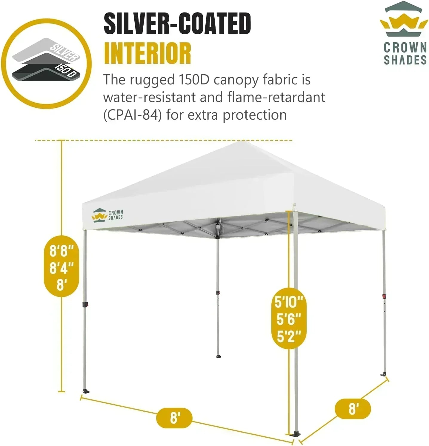 10x10 Pop-Up Awning One-Click Installation Beach Tent Outdoor Sunshade Silver Coated Top