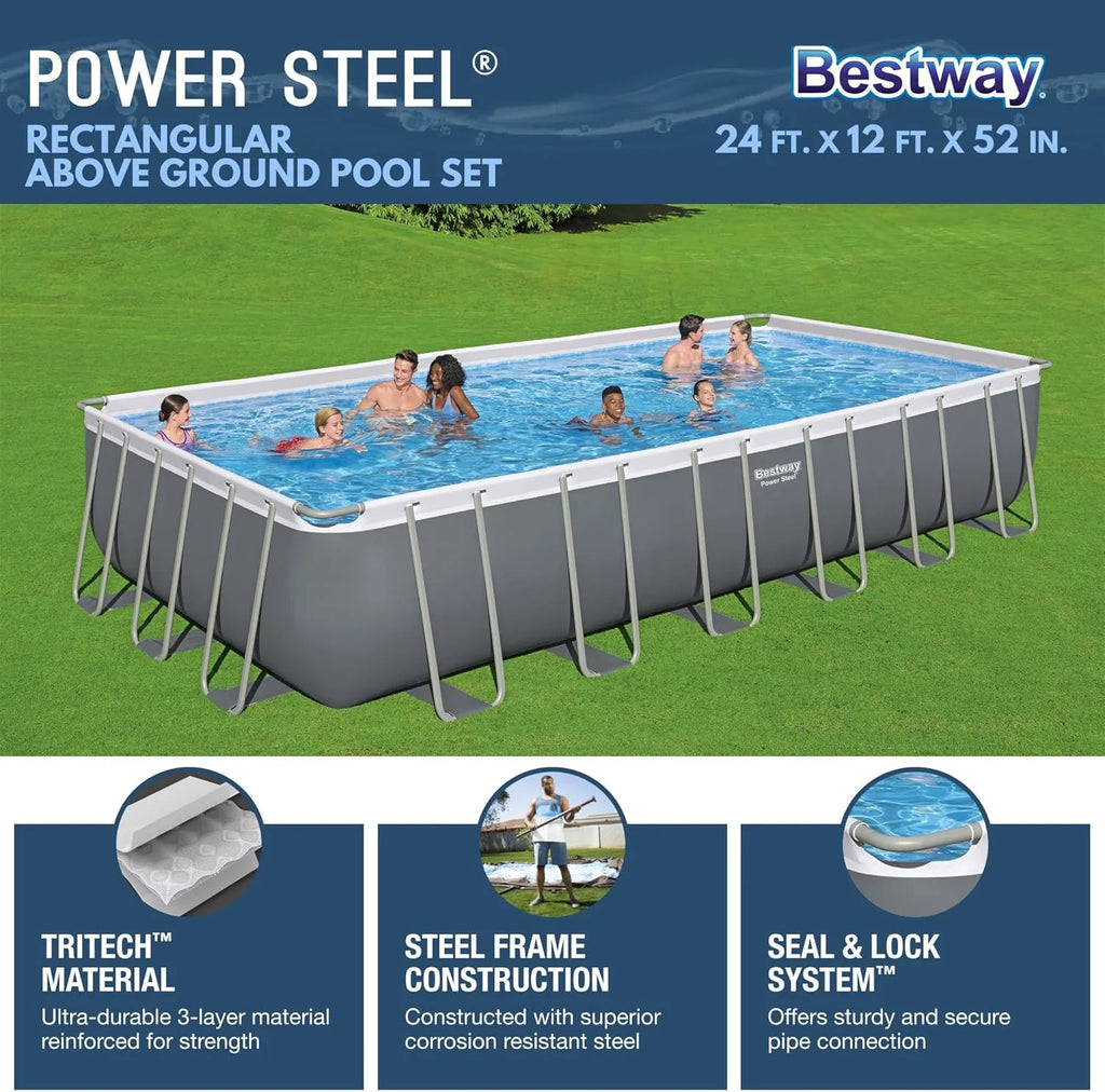 Power Steel 14' x 8'2 x 39.5 Oval Above Ground Pool Set | Includes 530gal Filter Pump, Ladder, ChemConnect Dispener
