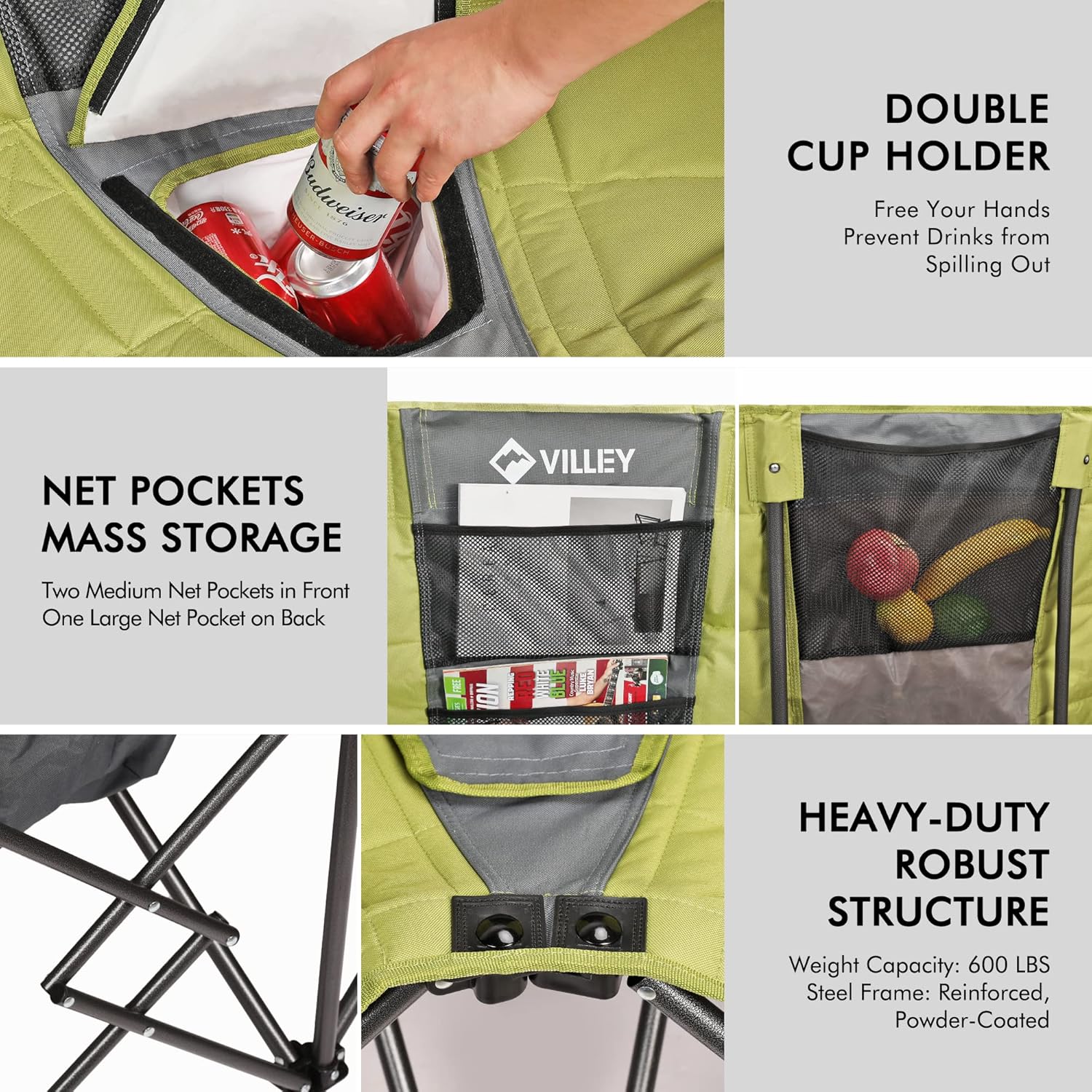 Double camping chair extra wide love seat heavy duty padded camping sofa portable folding chair