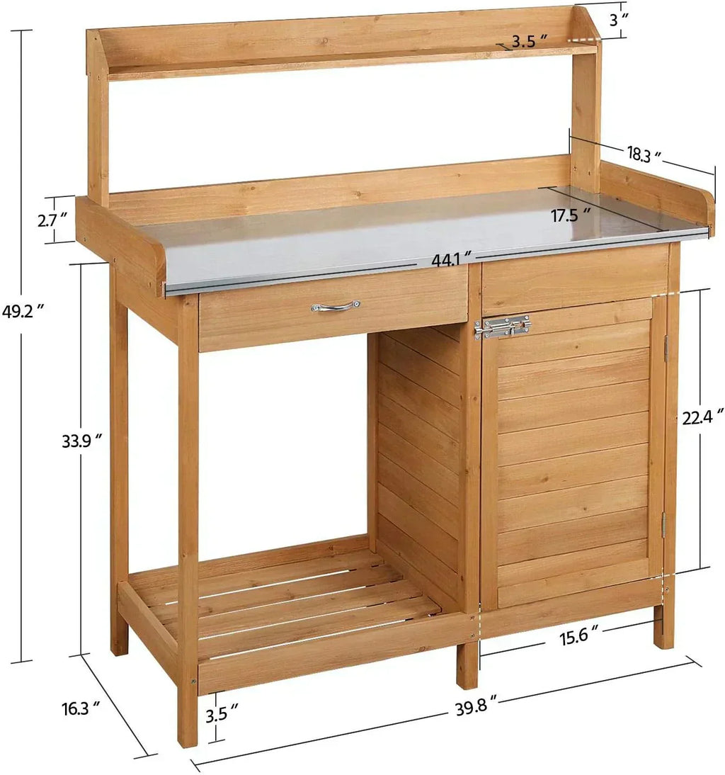 Yaheetech Outdoor Garden Potting Bench Table Work Bench Metal Tabletop Cabinet Drawer