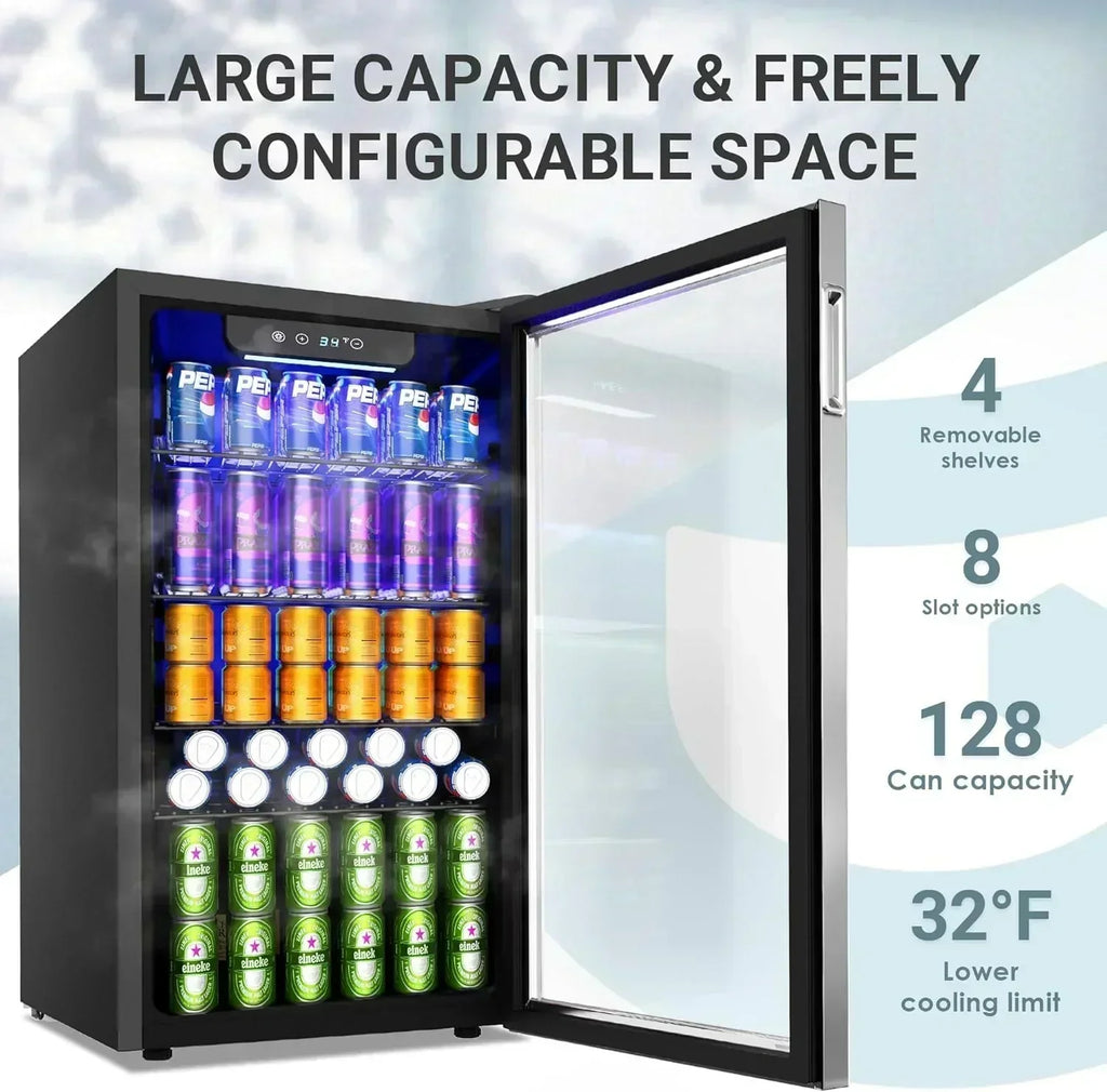 EUHOMY Beverage Refrigerator Cooler 130 Can Mini Fridge with Glass Door Beverage Cooler
