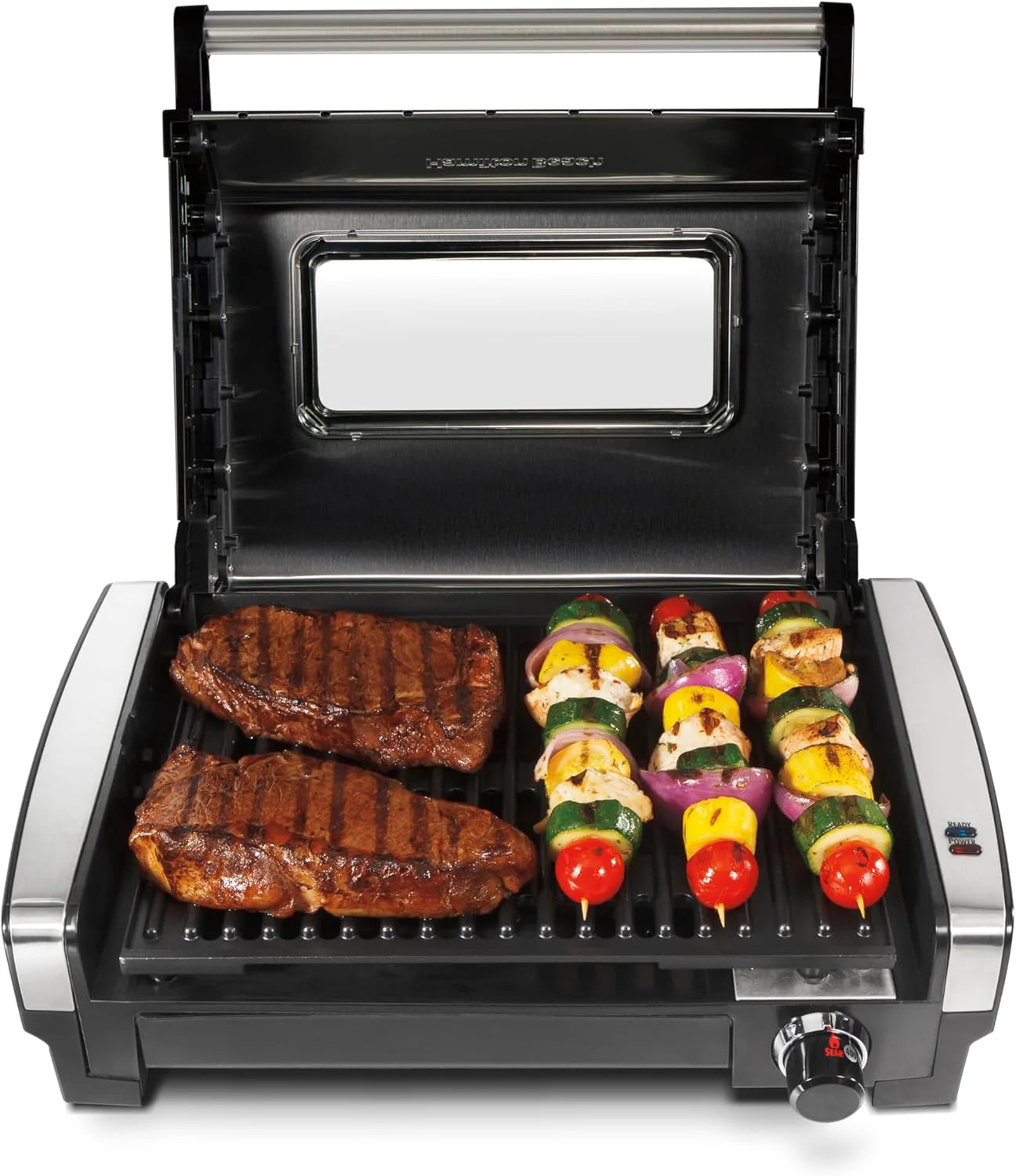 Indoor electric grill with viewing window, adjustable to 450��F, serves 6 people