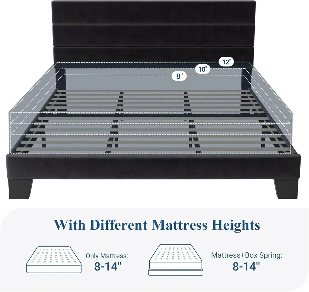 Allewie King size platform bed frame with velvet upholstered headboard and planks