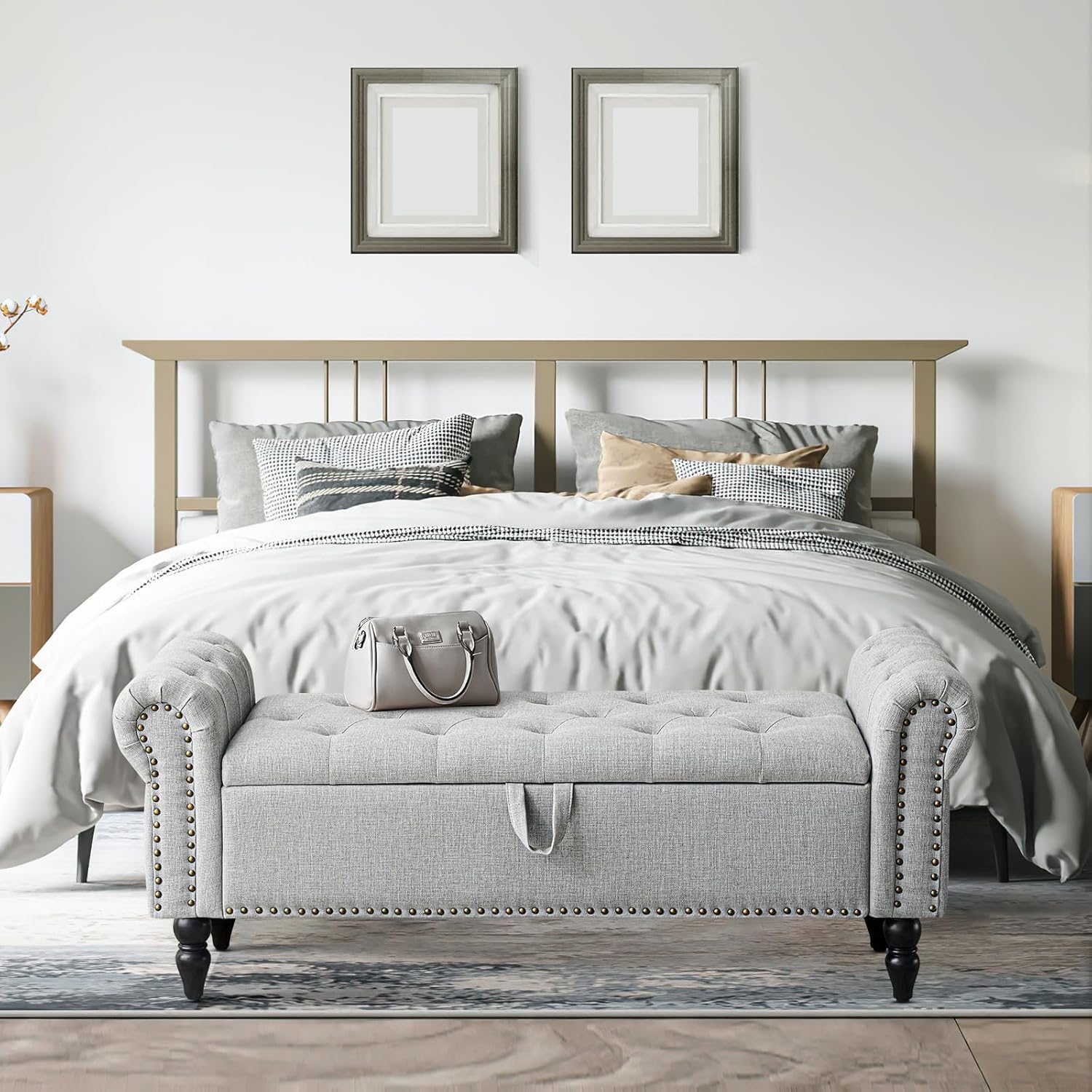 Furniliving Modern Storage Ottoman Bench, Sherpa Ottoman End of Bed Bench with Solid Wood Legs Upholstered Ottoman Benches with Storage Indoor Bench