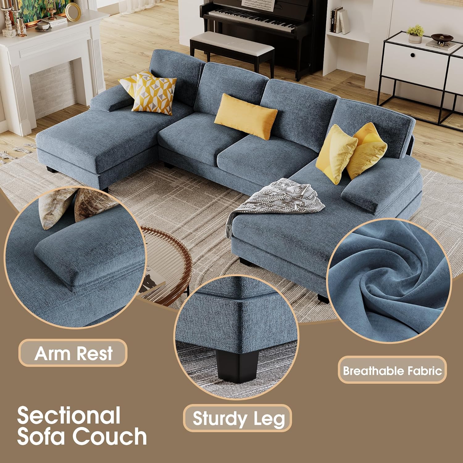 Furmax Sectional Couches for Living Room U-Shaped Sofa Couch Linen Fabric 4 Seat Sofa Set