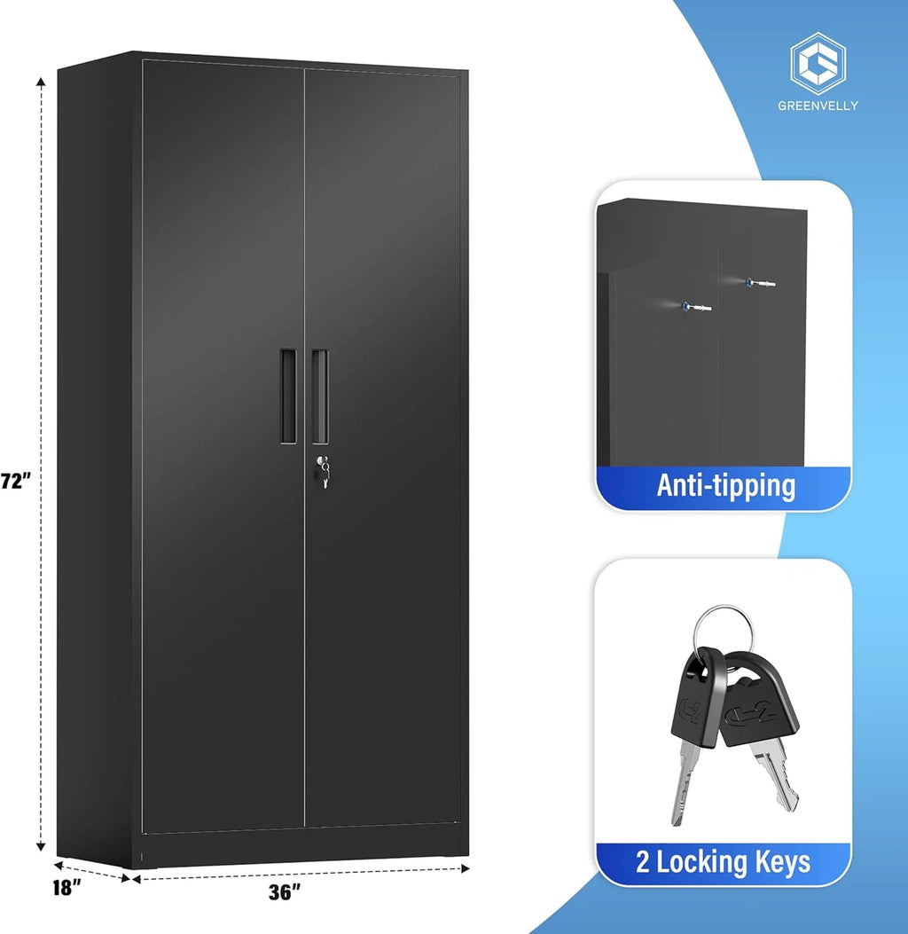 Greenvelly Metal Storage Cabinet, 72 Black Locking Metal Cabinet with 2 Doors and 4 Adjustable Shelves, Lockable Garage Storage Cabinets for Home Office, Garage, Kitchen, Living Room