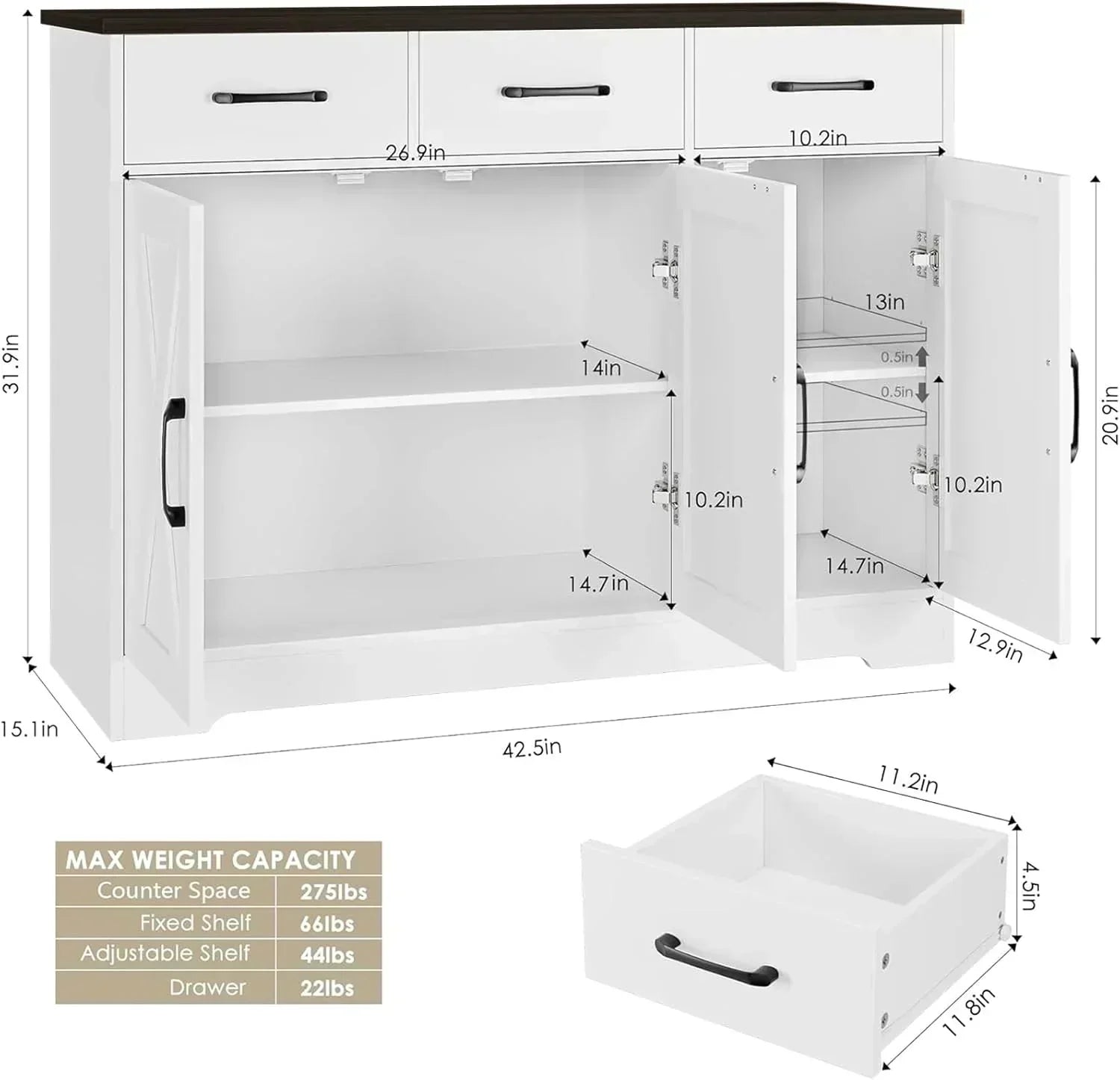 Modern farmhouse sideboard barn door buffet storage cabinet with drawers and shelves