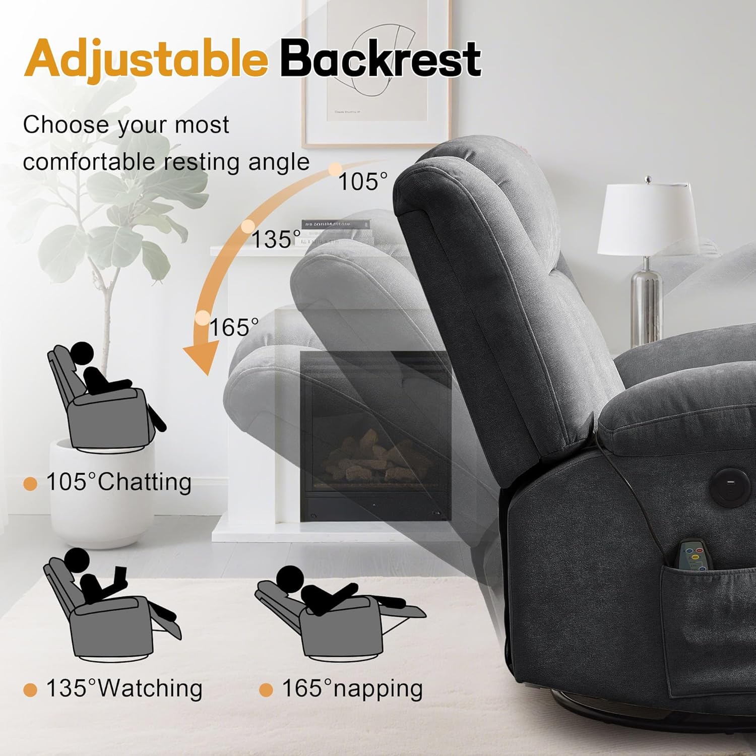 Adult rocking chair, gliding recliner, 360° rotating rocking chair with massage and heating function