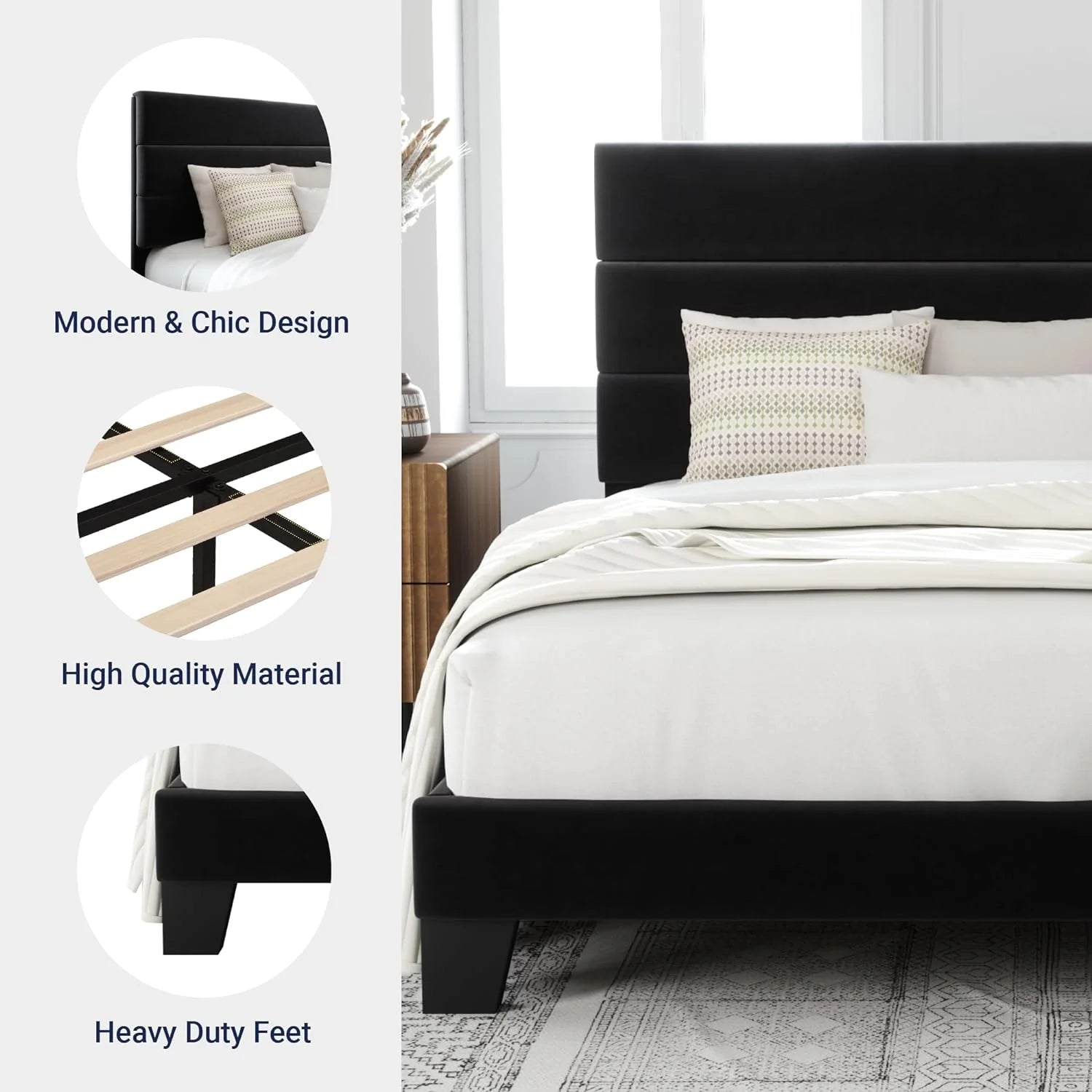 Allewie Queen Size Platform Bed Frame Fabric Upholstered Headboard Wooden Slats Support