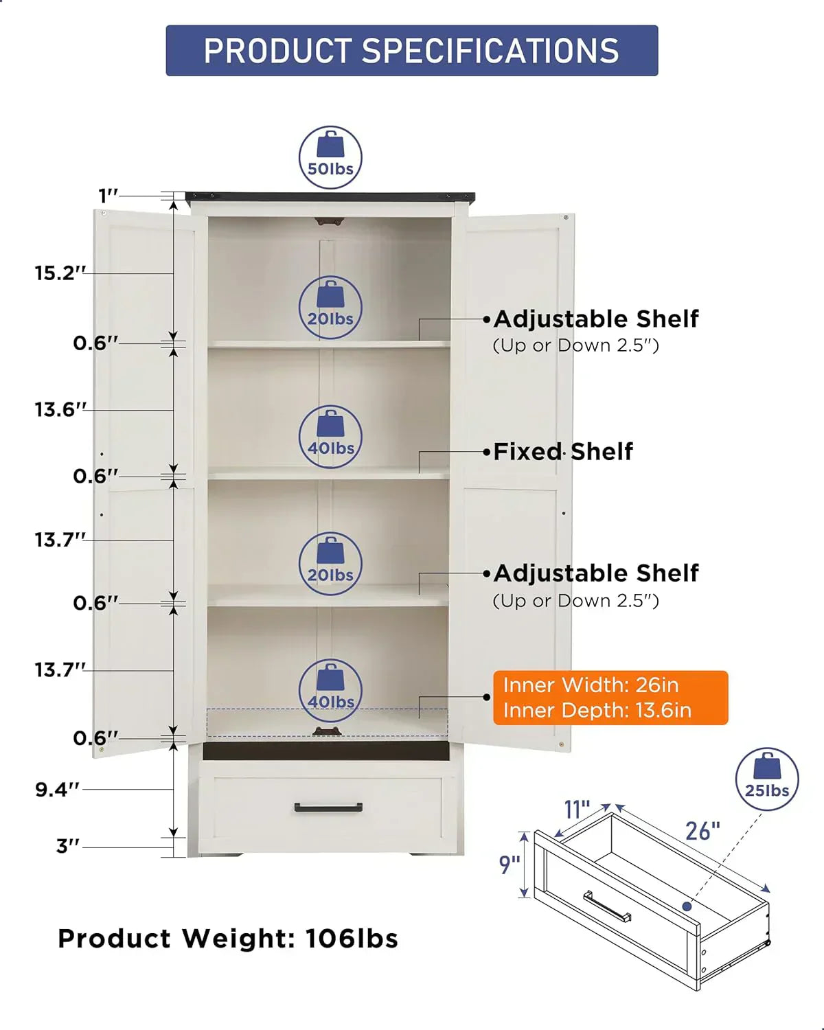JXQTLINGMU Farmhouse Kitchen Pantry 72 Tall Wood Kitchen Storage Cabinet Adjustable Shelves