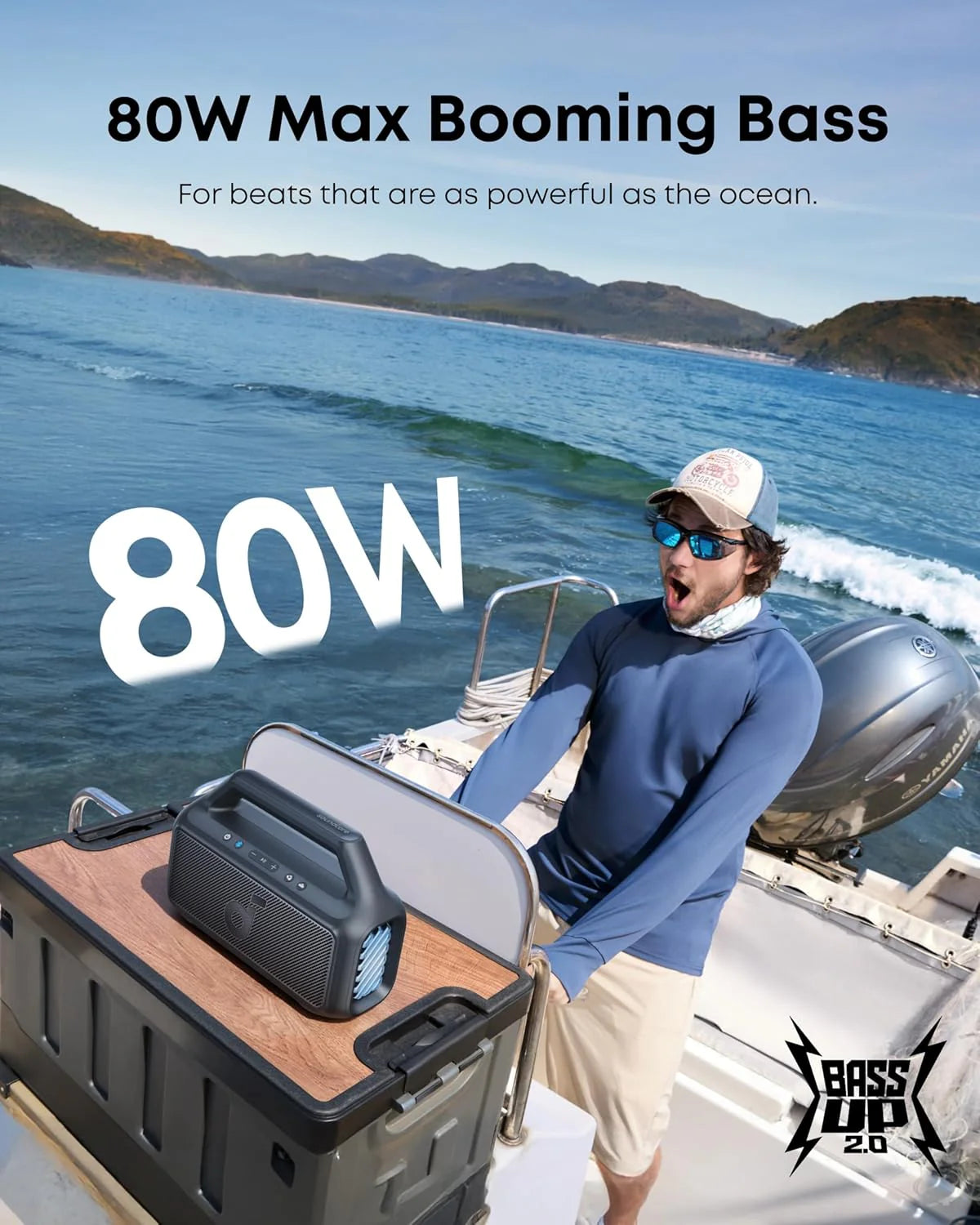 Outdoor Speaker, 80W, Subwoofer, BassUp 2.0, 24H Playtime, IPX7 Waterproof, Floatable, RGB Lights, USB-C, Custom EQ, Bluetooth 5.3, Portable for Camping, Beach, and Backyard