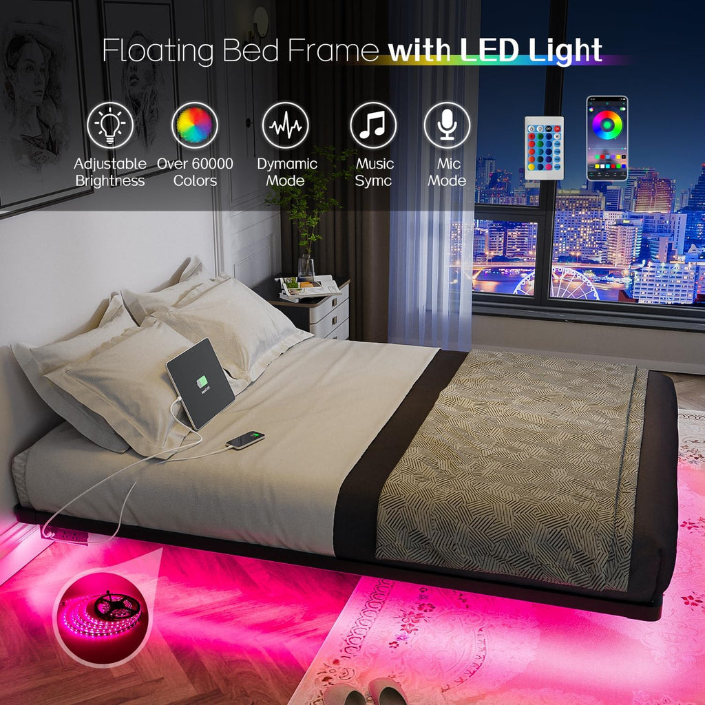 OLEVS Floating Bed Frame Queen Size with Smart LED Lights Modern Metal Platform Bed