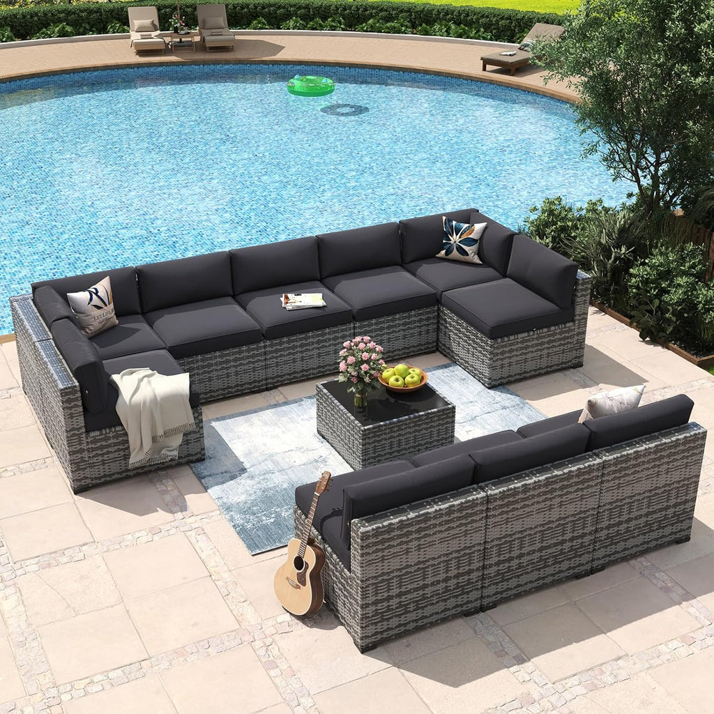 Aoxun 8 Piece Patio Furniture Set with 44?Fire Pit Table Wicker Rattan Outdoor Sectional Sofa Set with Coffee Table and Thickened Cushions, Beige (Waterproof Cover Included)