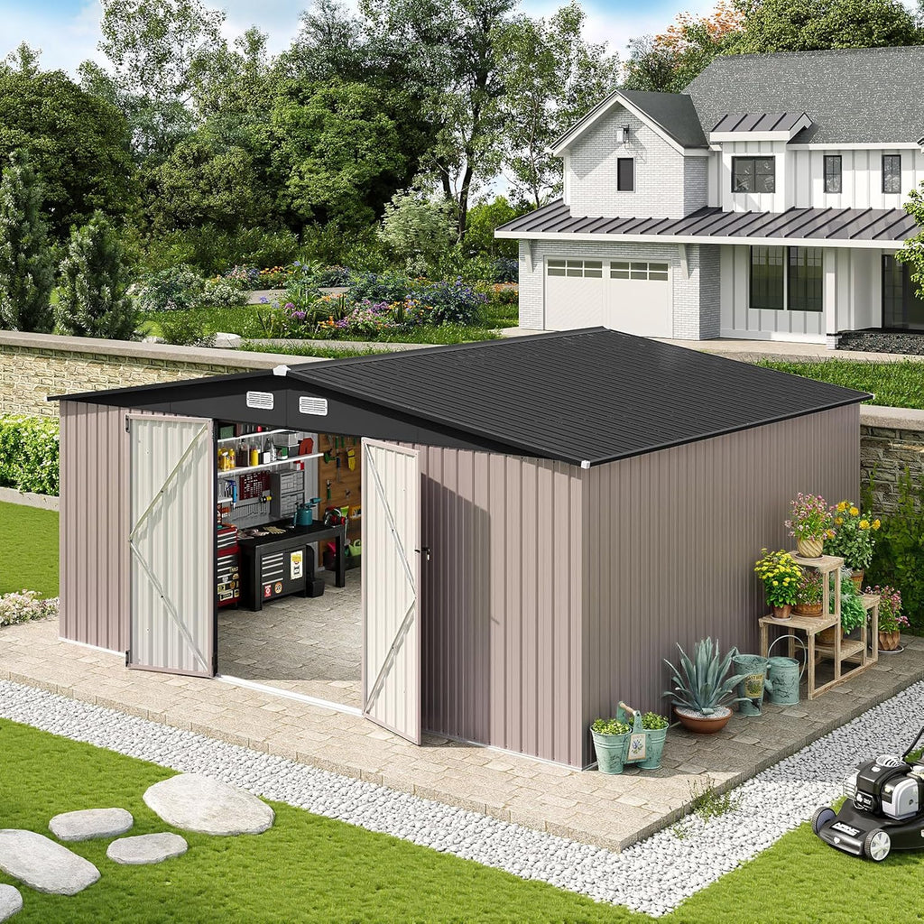 Aoxun 12x10 FT Shed Metal Outdoor Waterproof Storage Shed Steel Utility Garden Tool Shed with Door & Lock Outdoor Storage for Garden Patio Lawn Poolside, Brown