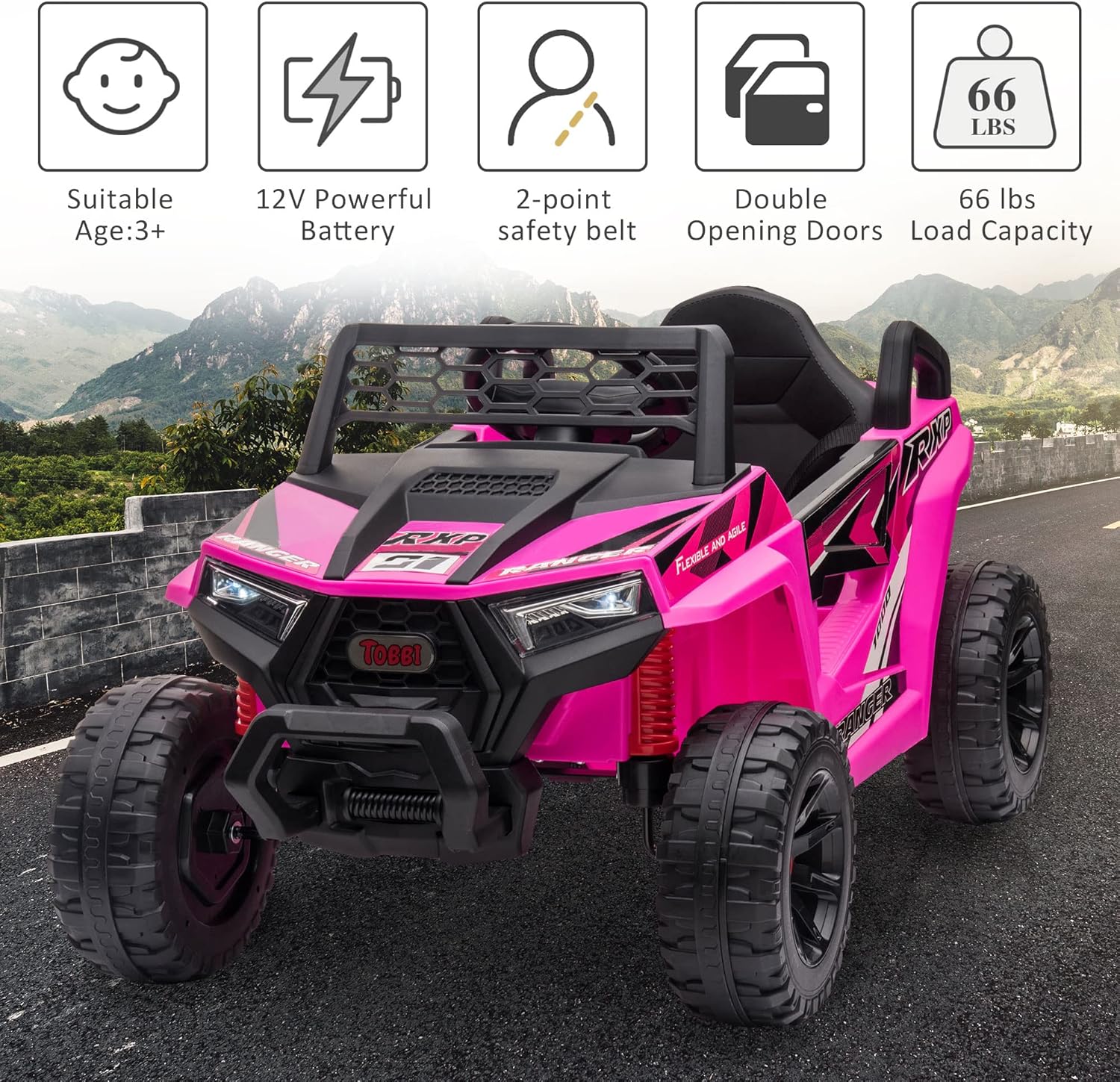 TOBBI 12V Kids Ride on Car Electric Off-Road UTV Truck with Diverse Functions Double Open Doors