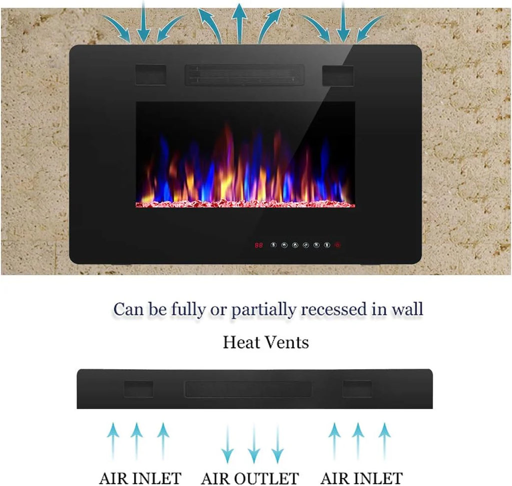 R.W.FLAME 60 Recessed and Wall Mounted Electric Fireplace, Low Noise, Fit for 2 x 6 Stud, Remote Control with Timer, Touch Screen, Adjustable Flame Color and Speed, 750-1500W