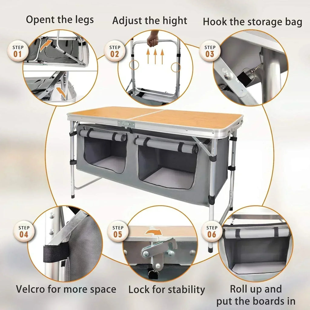 Outdoor Folding Table Aluminum Lightweight Height Adjustable with Storage Organizer