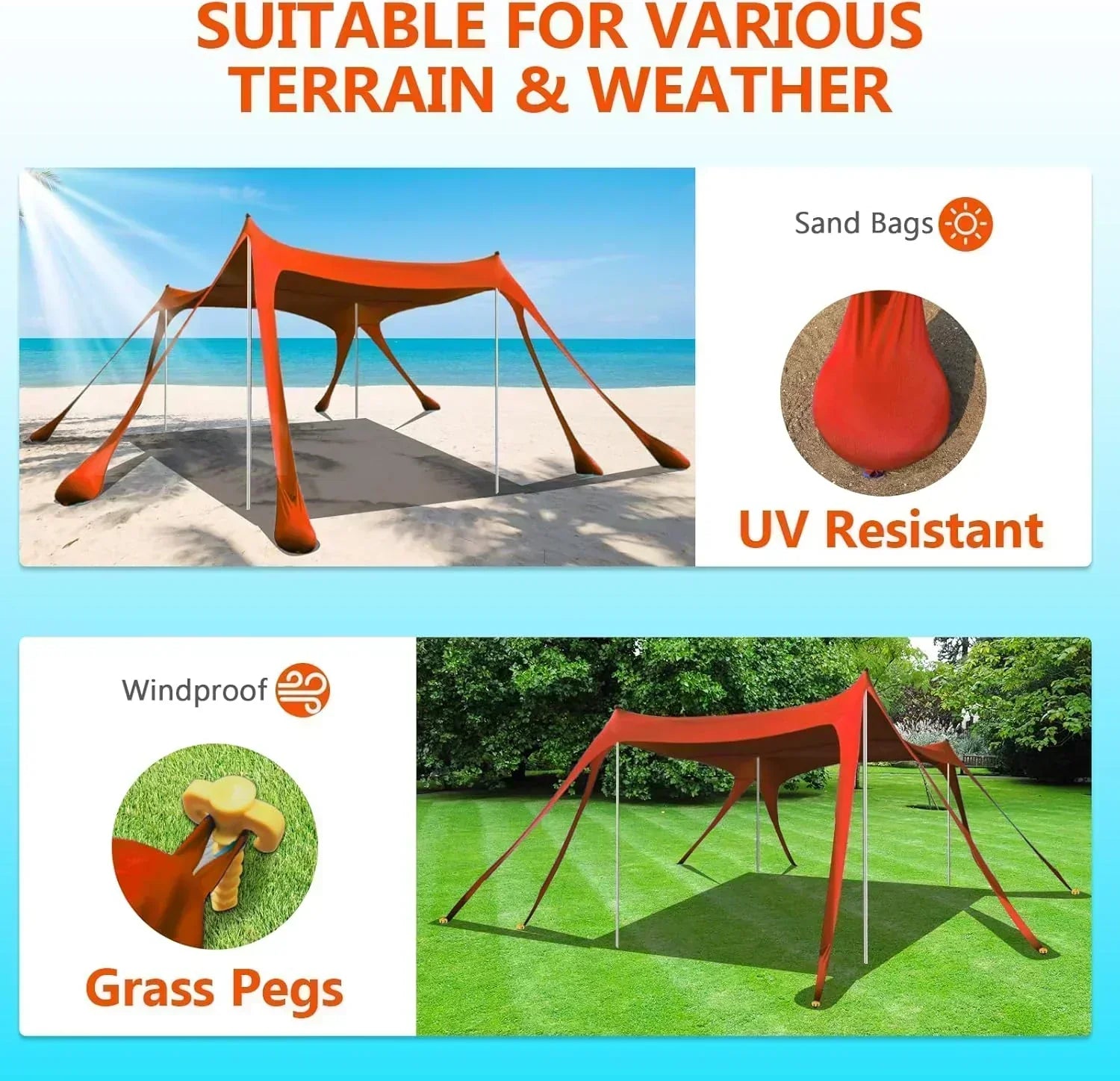 Beach Tent Sun Shelter 10 x 10 FT Beach Canopy Tent Sun Shade Heavy Duty UPF50+ Beach Tent