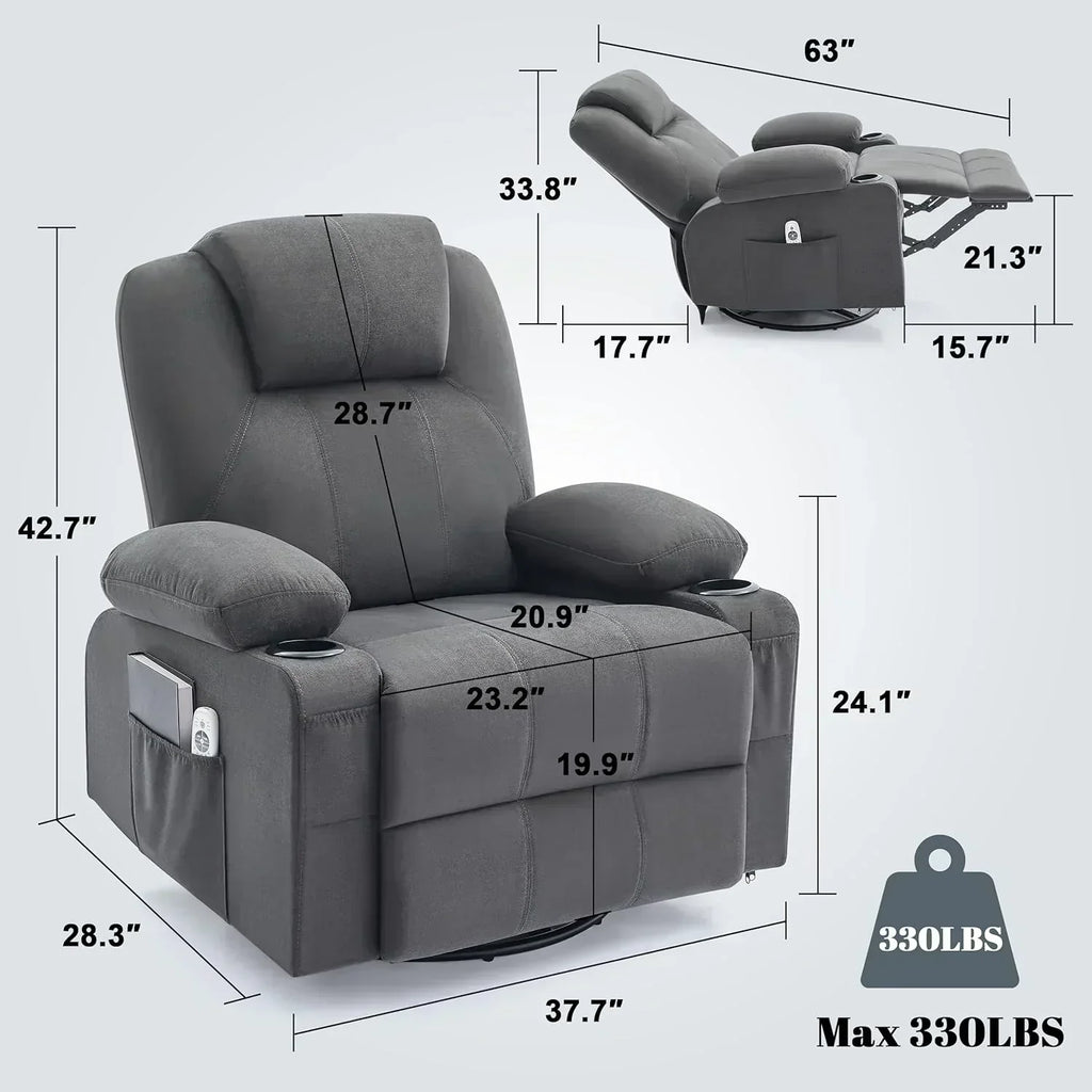 Large Swivel Rocking Recliner with Massage Function 360 Degree Swivel Rocking Single Sofa