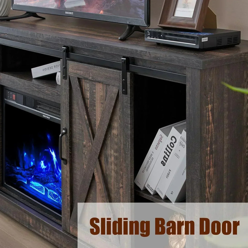 AMERLIFE Fireplace TV Stand with Sliding Barn Door  Farmhouse 63 Fireplace Entertainment Center