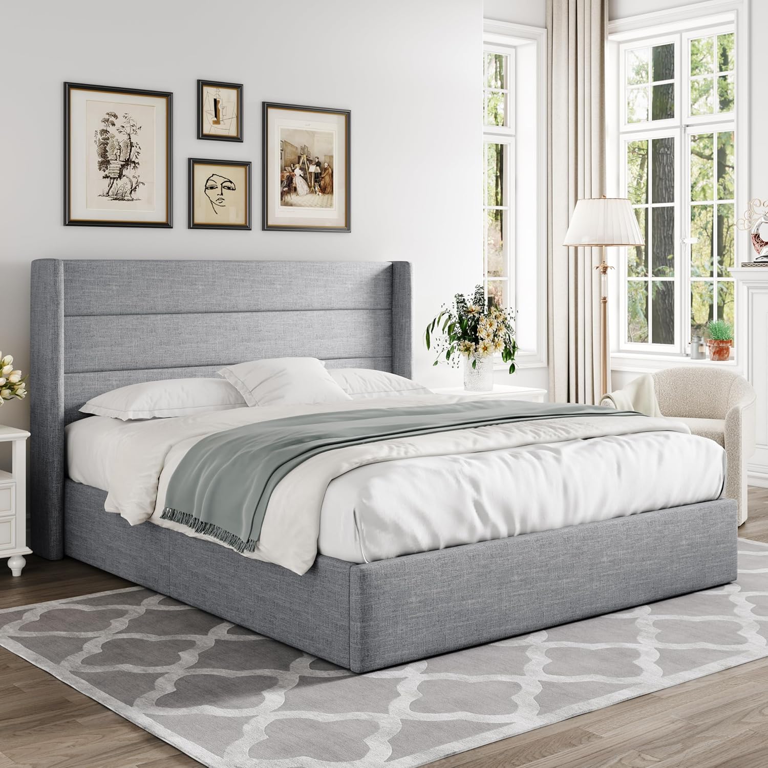 Allewie Queen Size Lift Up Storage Bed Modern Wingback Headboard Hydraulic Support