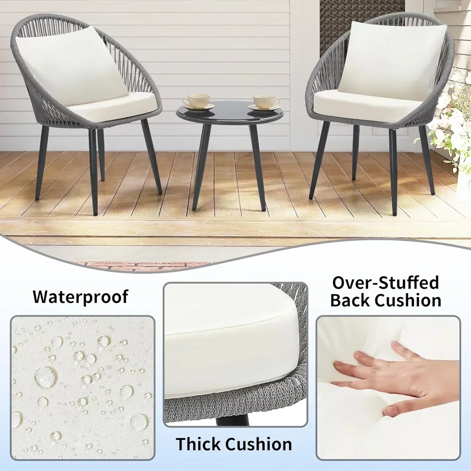 3 Piece Bistro Set Woven Rope Chair with Cushions All Weather Patio Conversation Set Side Table